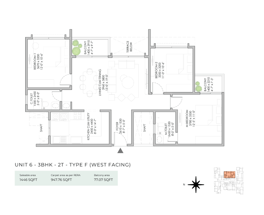 Detailed floor/unit plan of 3BHK apartments with dimensions 