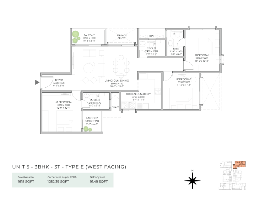 Detailed floor/unit plan of 3BHK apartments with dimensions